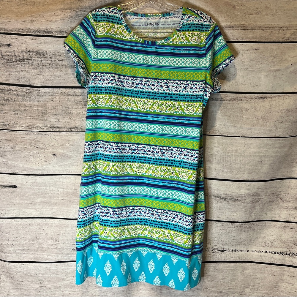 Lands' End Blue Green Striped Swim Coverup Dress Short Sleeves Quick Dry Stretch
